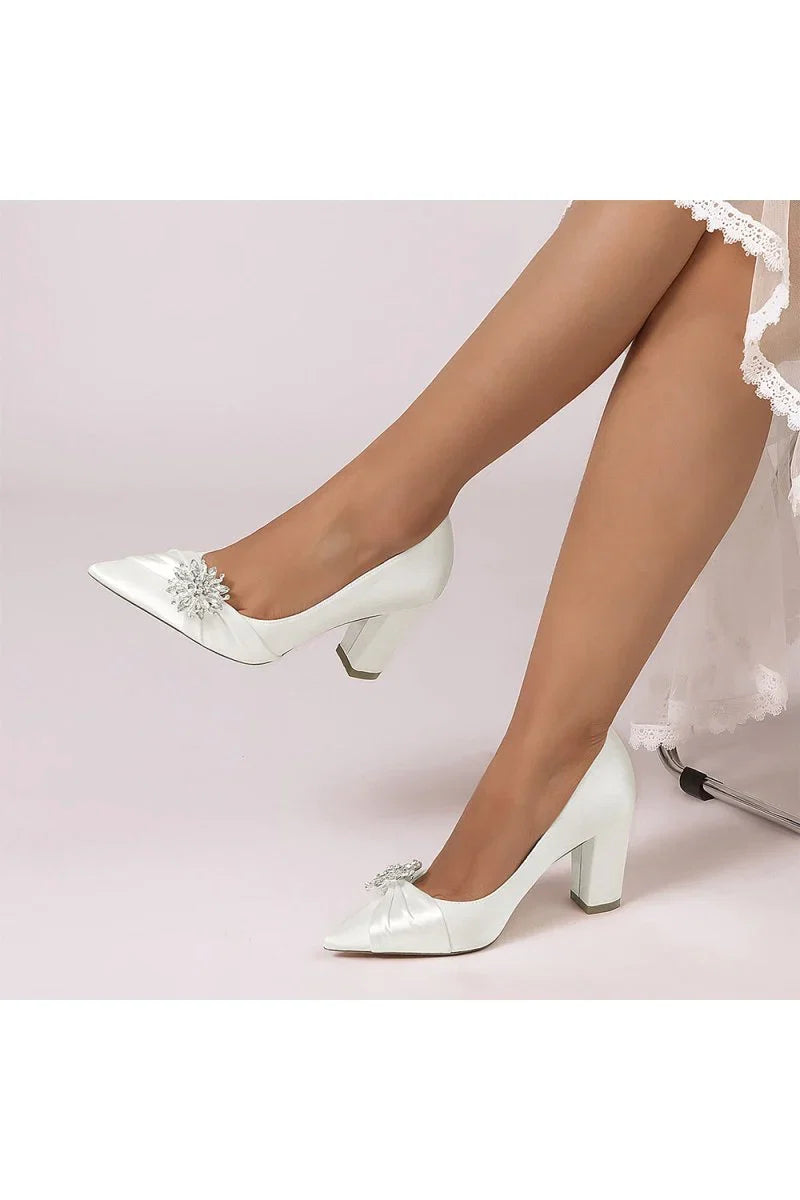 Black Satin High Heels with a Crystal Flower Accent