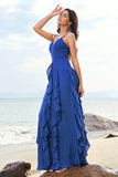 Dark Blue A Line Spaghetti Straps Floor Length Bridesmaid Dress with Ruffles