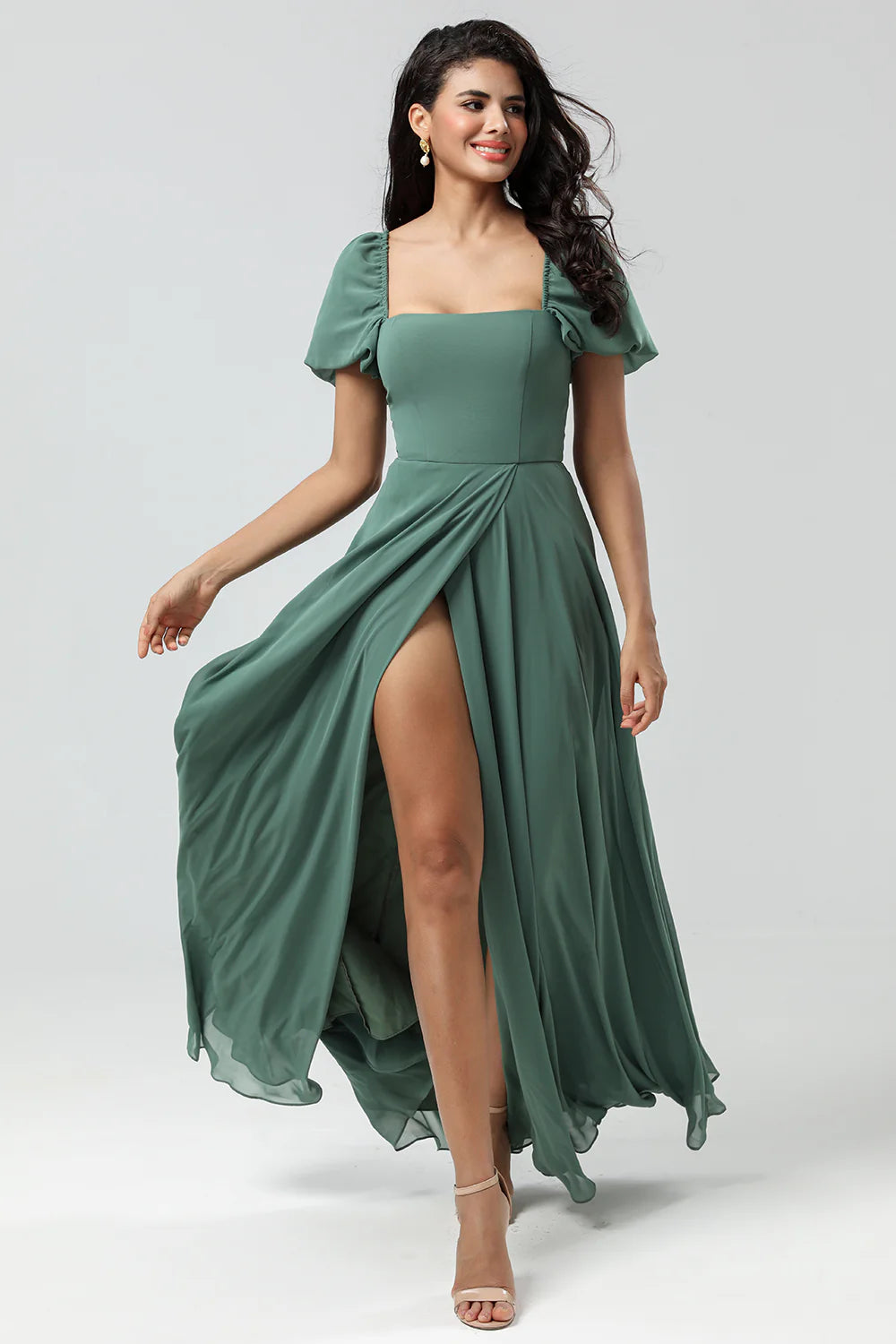 Eucalyptus A Line Square Neck Chiffon Puff Sleeves Bridesmaid Dress With Slit