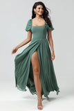 Eucalyptus A Line Square Neck Chiffon Puff Sleeves Bridesmaid Dress With Slit