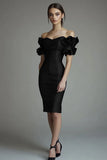 Black Bodycon Off The Shoulder Knee Length Graduation Dress With Ruffles