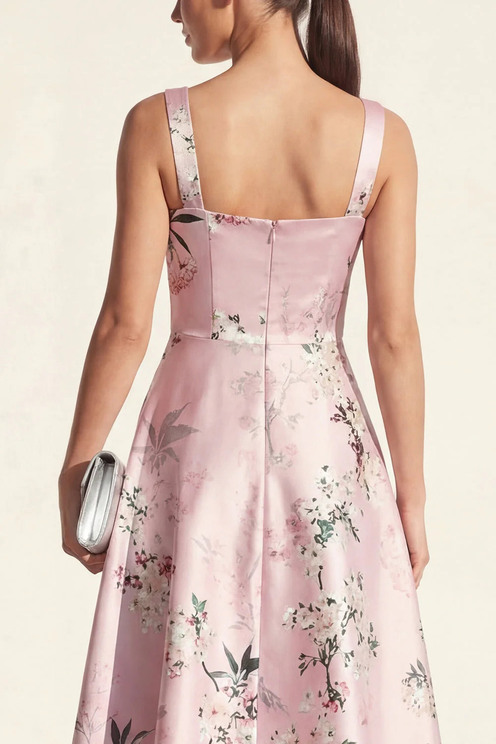Pink Printed Satin A Line Midi Wedding Guest Dress