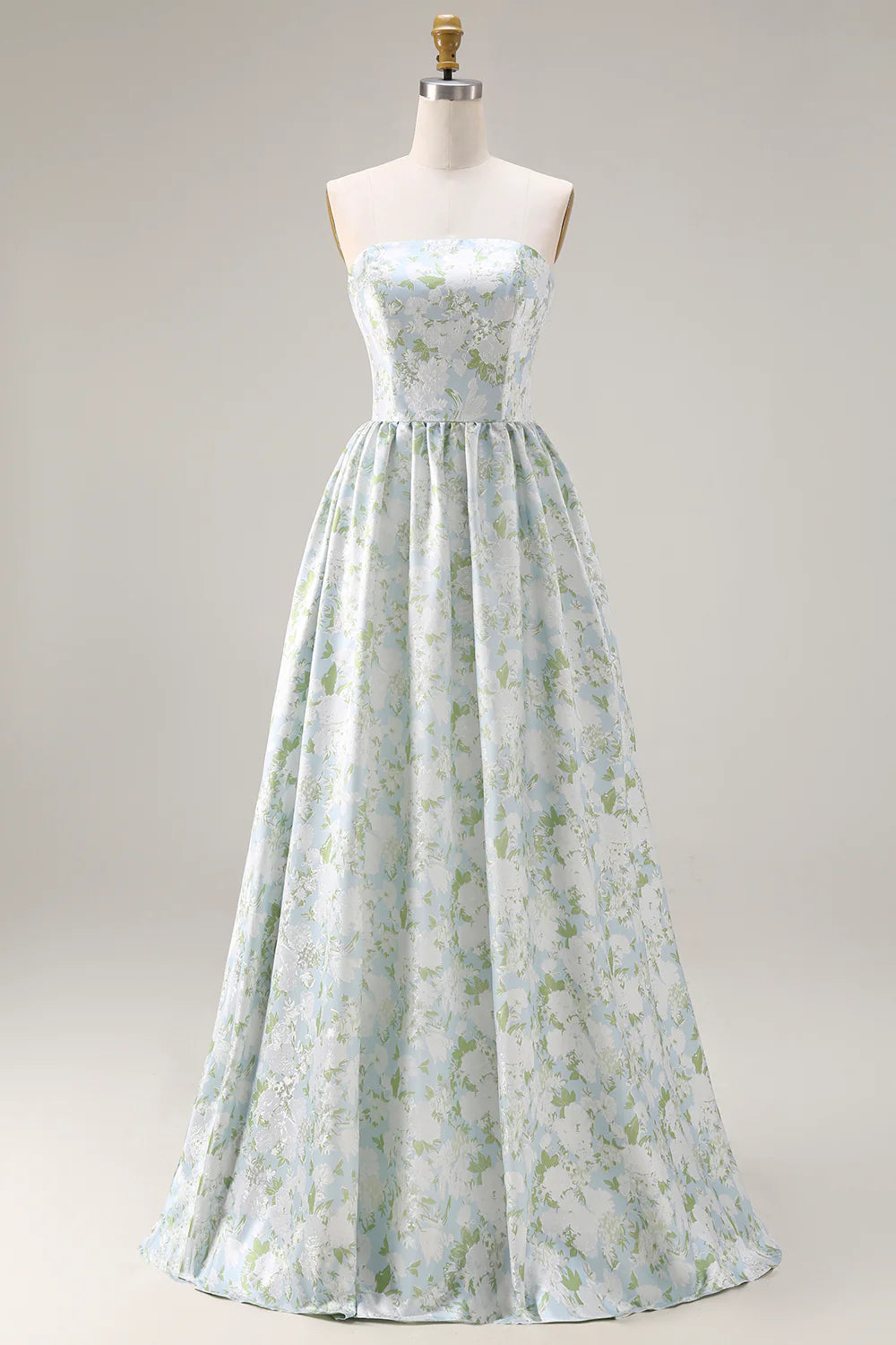 Blue Strapless Print A Line White Floral Long Satin Dress with Pockets