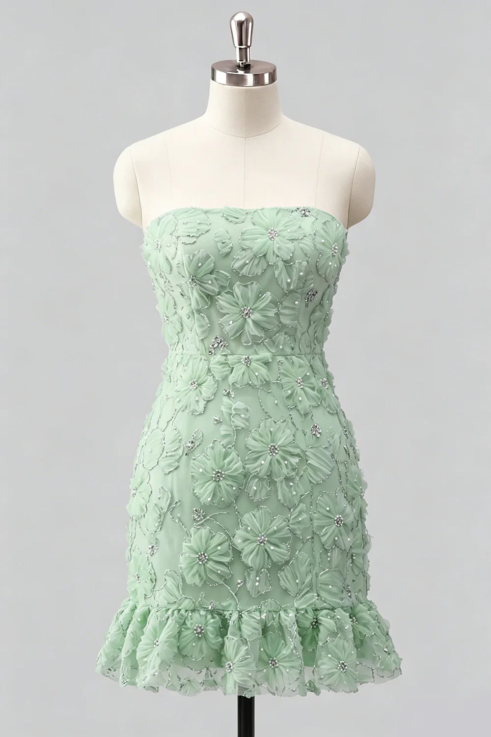 Light Blue Strapless Bodycon Beaded Short Homecoming Dress with 3D Flowers