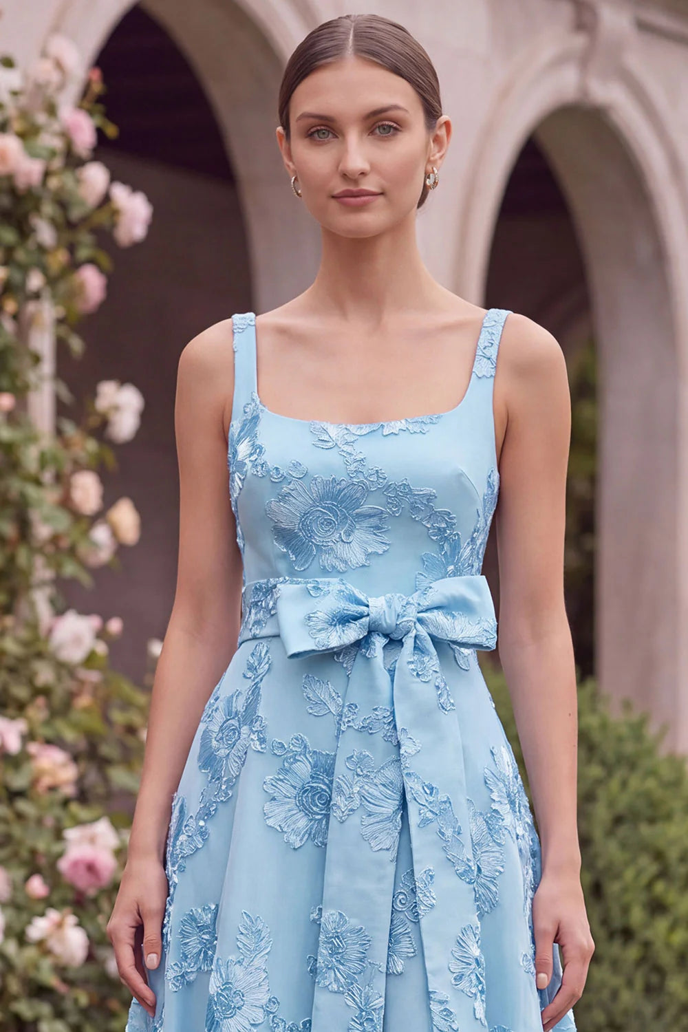 Sage Floral A Line Embroidery Square Neck Wedding Guest Dress with Bow
