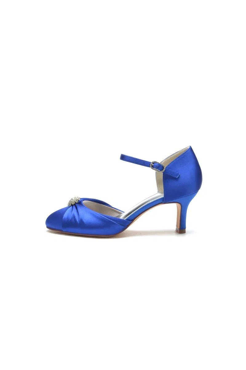 Satin Pointed Toe Strap Buckle Stiletto Heels With Rhinestone
