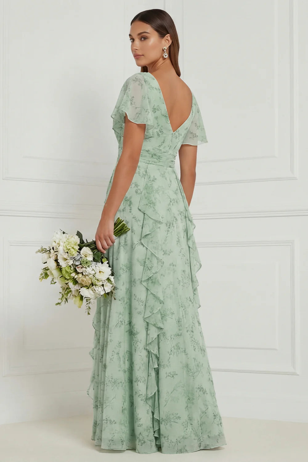 Dusty Sage A Line V Neck Ruffled Long Bridesmaid Dress with Short Sleeves