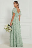Dusty Sage A Line V Neck Ruffled Long Bridesmaid Dress with Short Sleeves