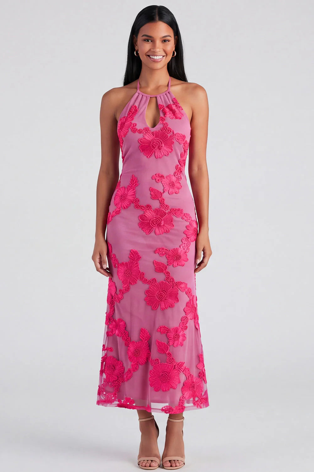 Halter Yellow Keyhole Mermaid Wedding Guest Dress with Appliques