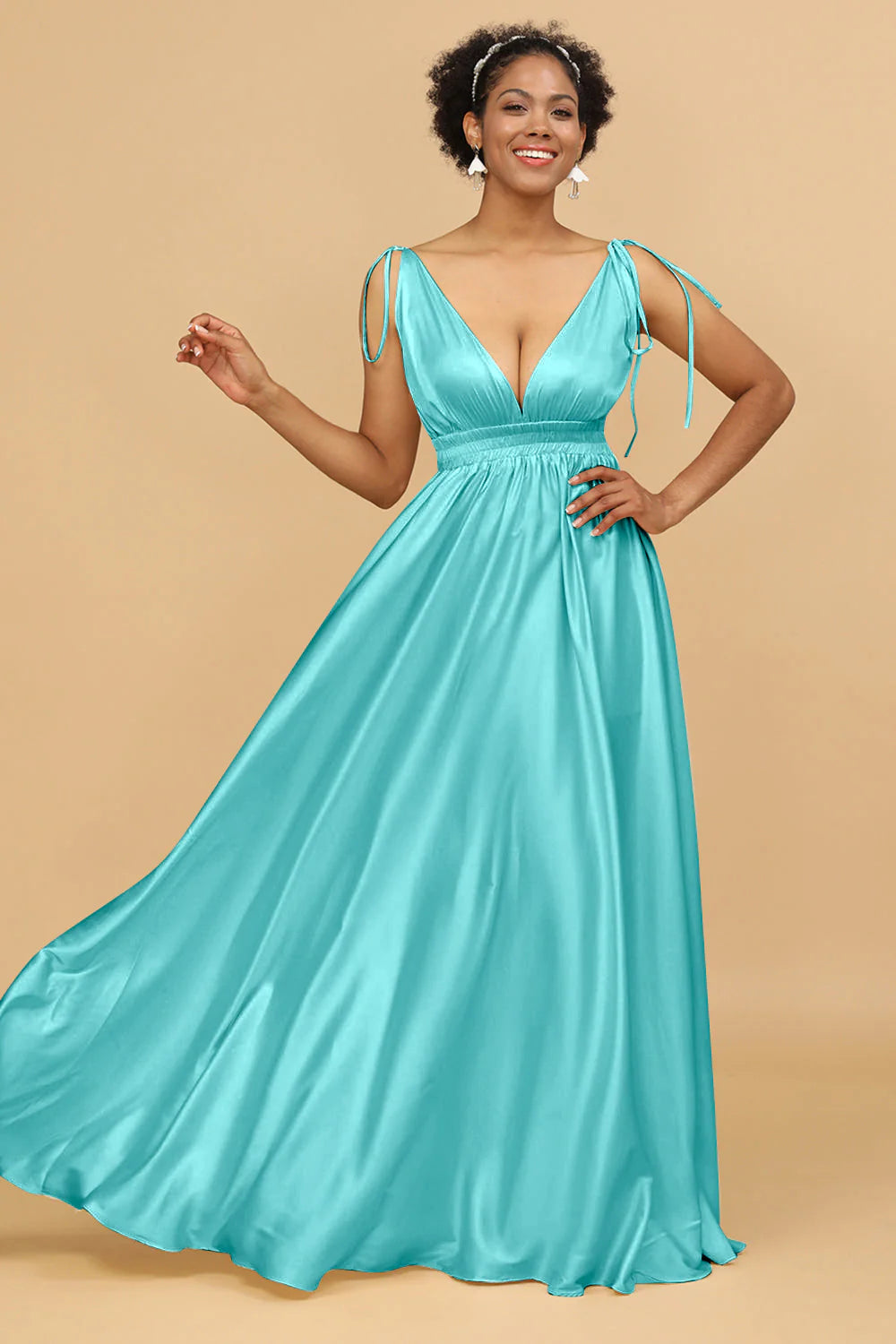 A Line Deep V Neck Backless Floor Length Bridesmaid Dress