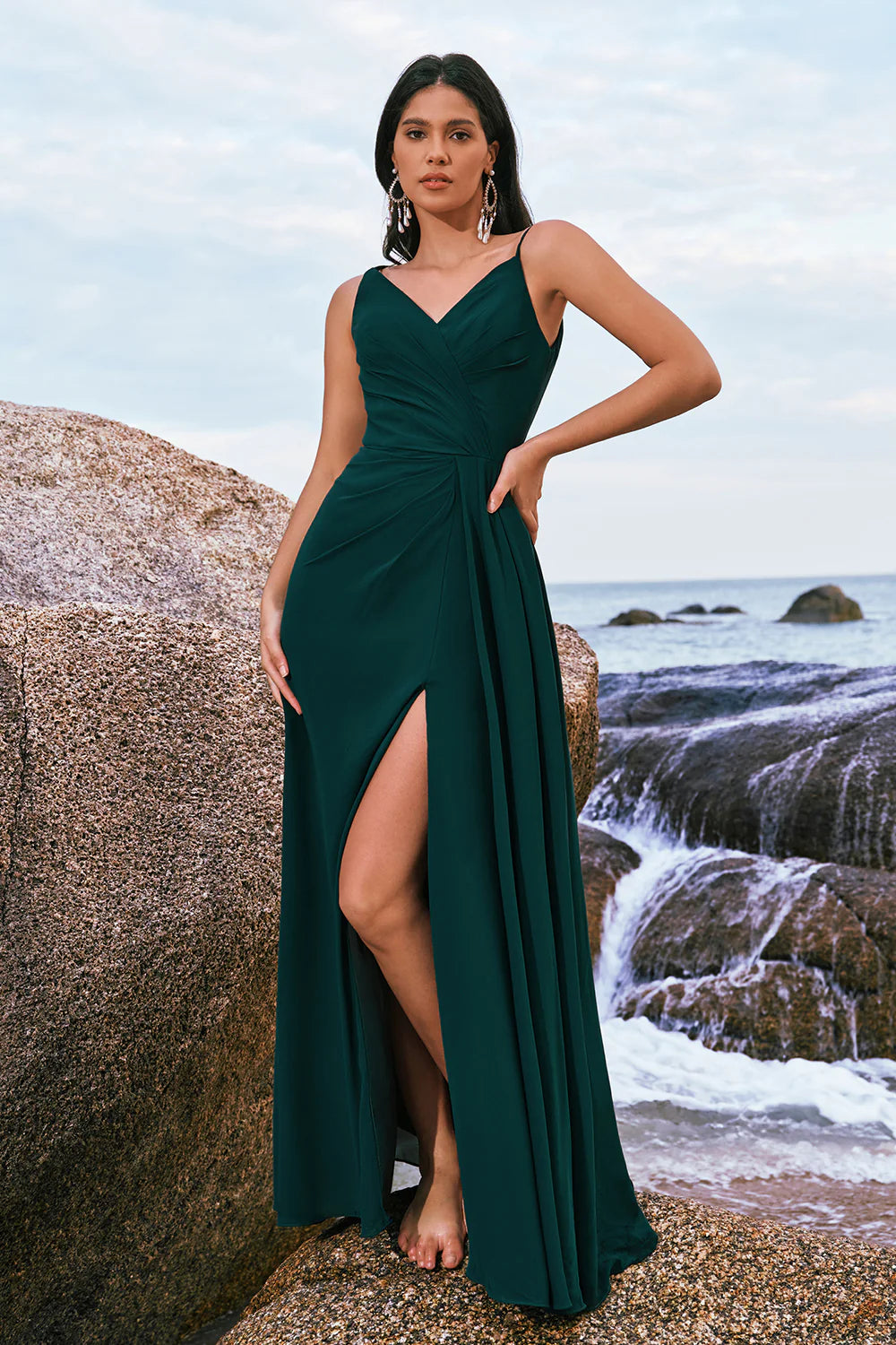 Dark Green A Line Watteau Train Long Chiffon Bridesmaid Dress with Slit