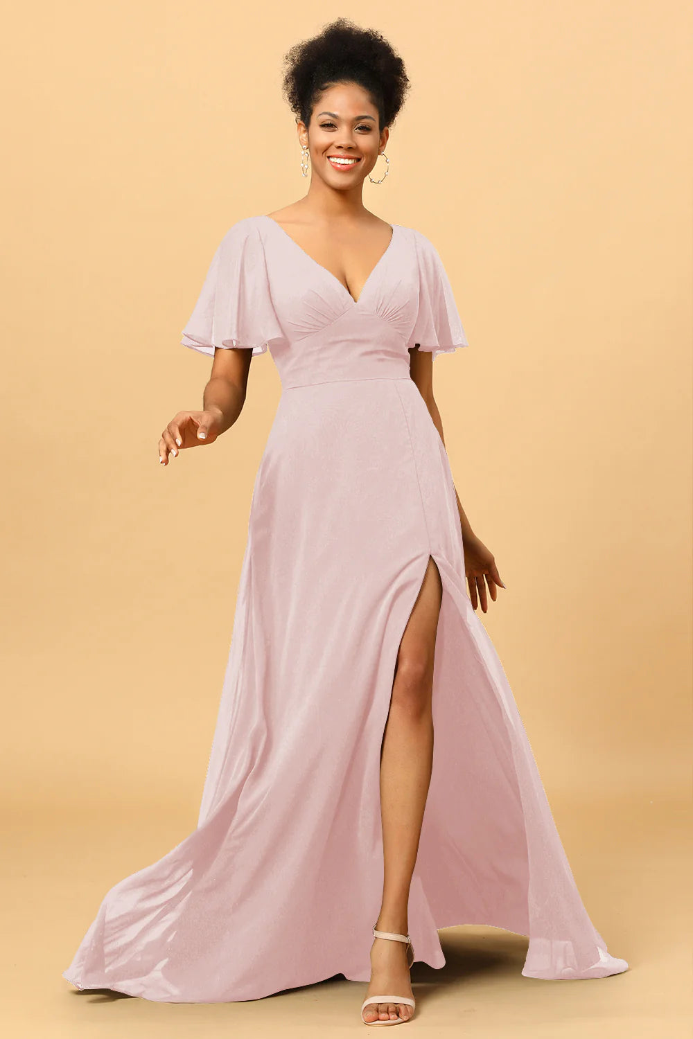 A Line V Neck Long Chiffon Bridesmaid Dress with Slit