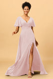 A Line V Neck Long Chiffon Bridesmaid Dress with Slit