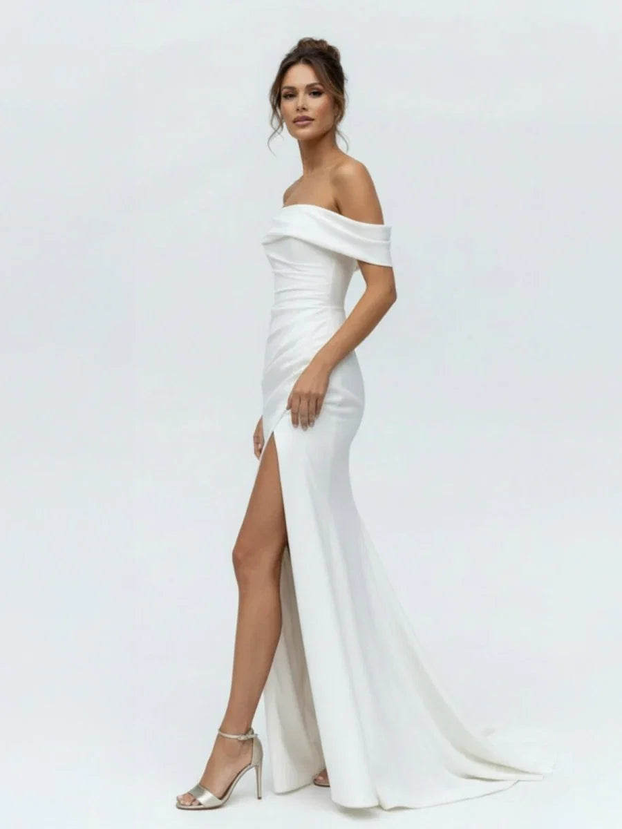 Mermaid Satin Off the Shoulder Sheath Wedding Dress with Zipper and Slit
