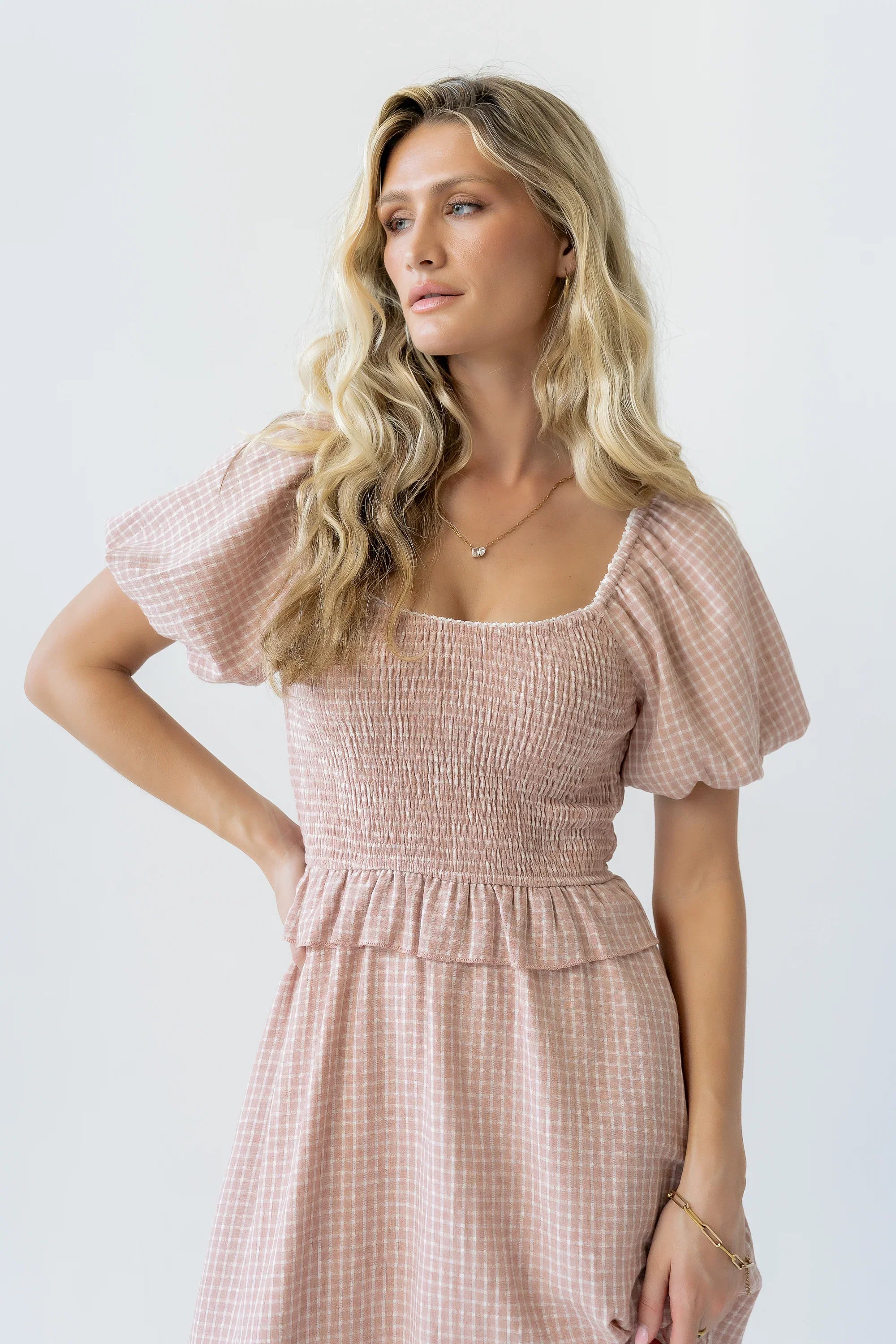 Renley Plaid Midi Dress in Clay