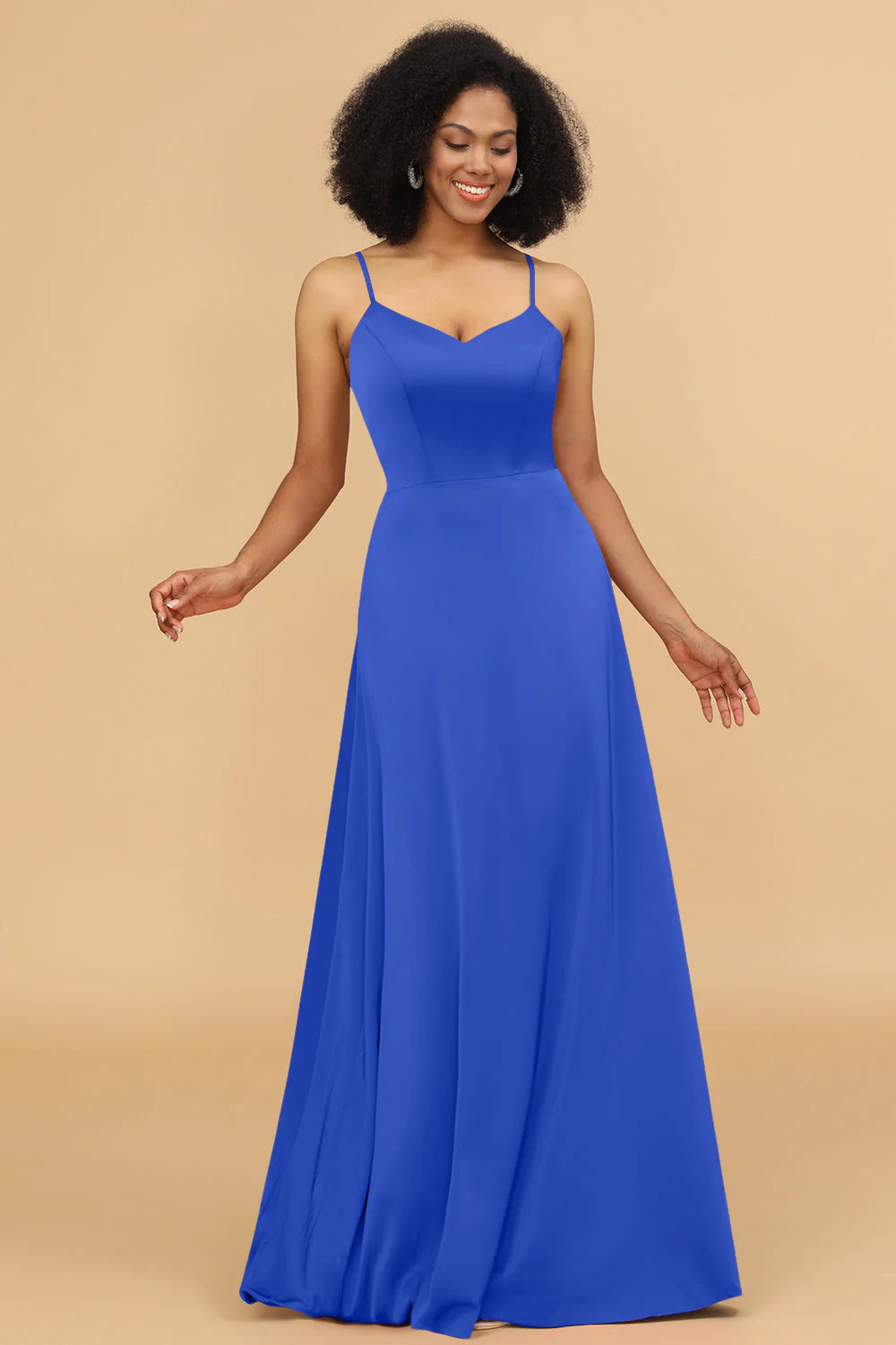 A Line Spaghetti Straps Floor Length Satin Bridesmaid Dress