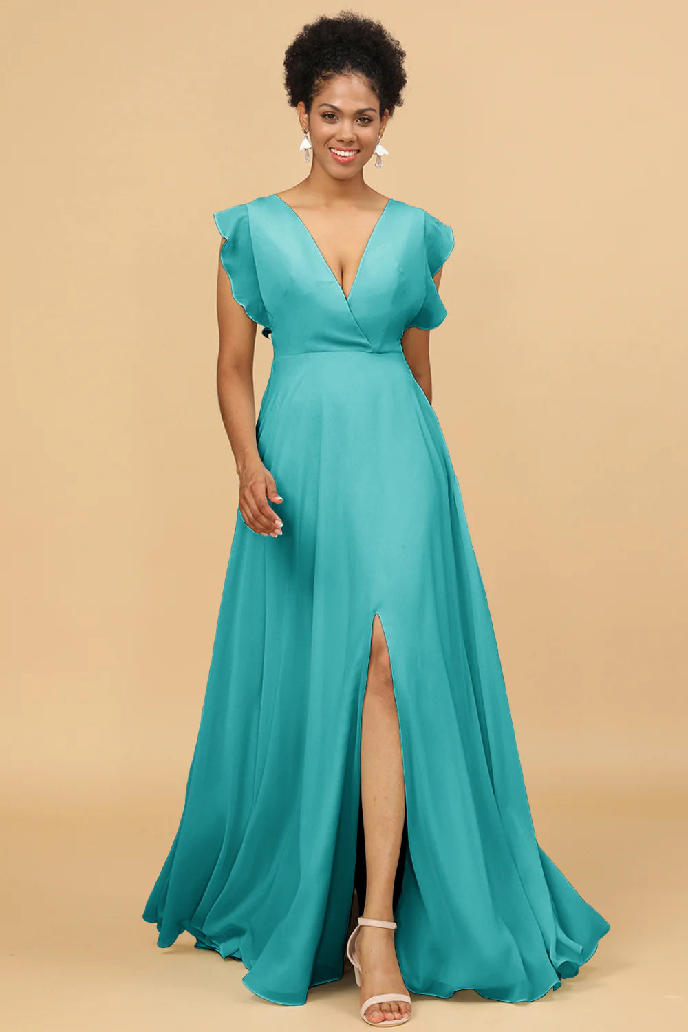 A Line V Neck Floor Length Chiffon Bridesmaid Dress with Slit