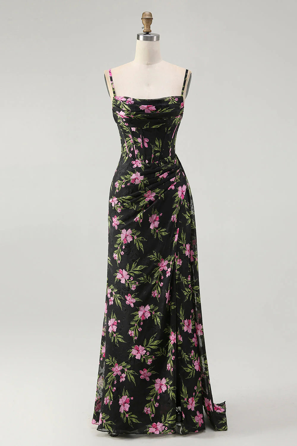 Black Pink Flower Corset Chiffon Long Bridesmaid Dress with Side Streamer