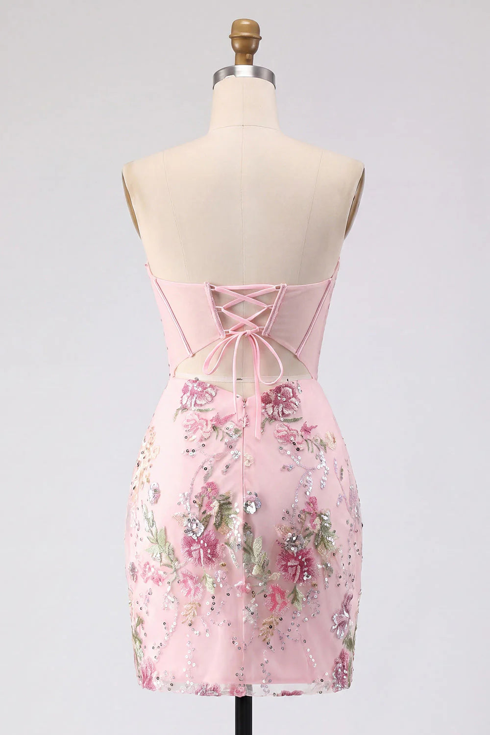Floral Pink Sequin Corset Bodycon Strapless Homecoming Dress