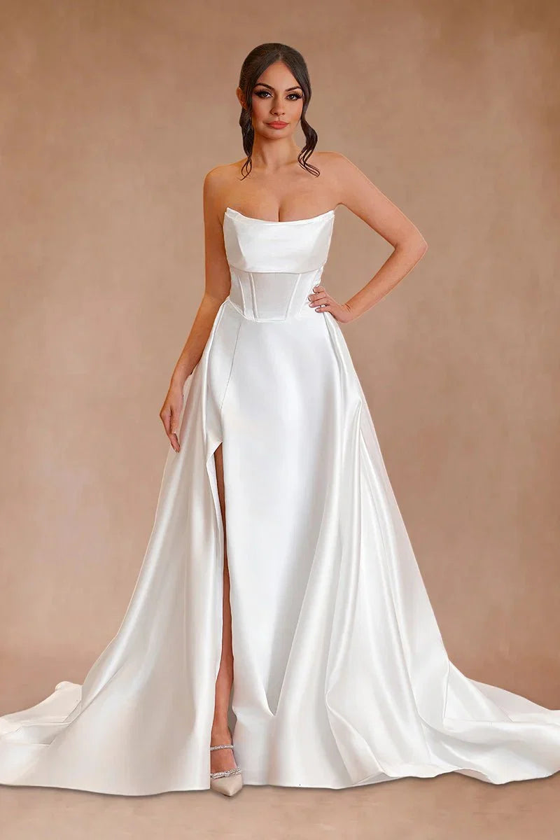 White Strapless Satin A Line Wedding Dresses