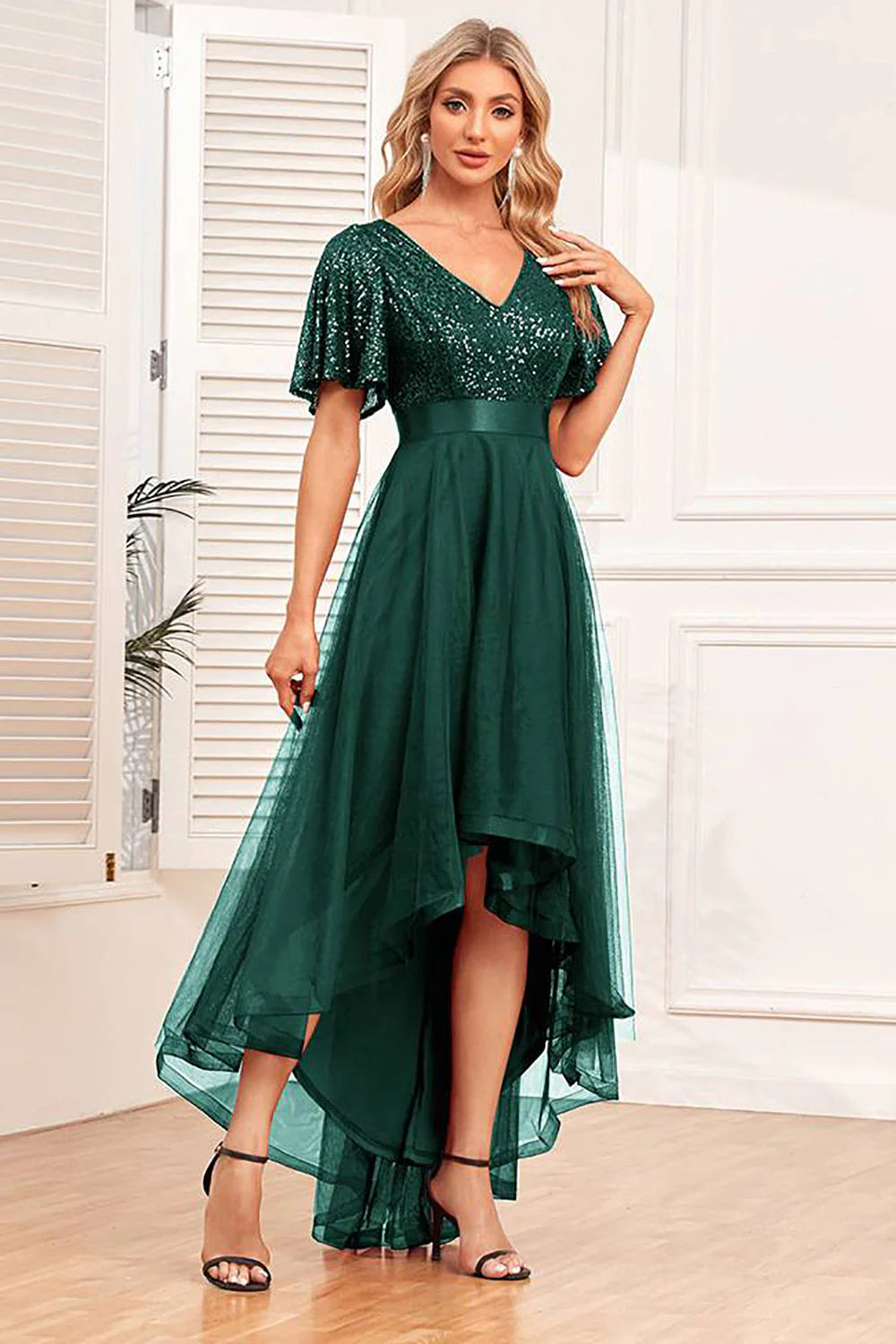 Burgundy A Line High Low Formal Dress with Sequins