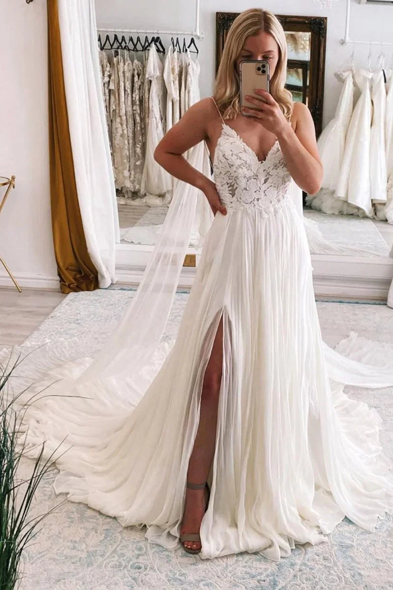 Ivory A Line Watteau Train Boho Long Chiffon Wedding Dress with Lace