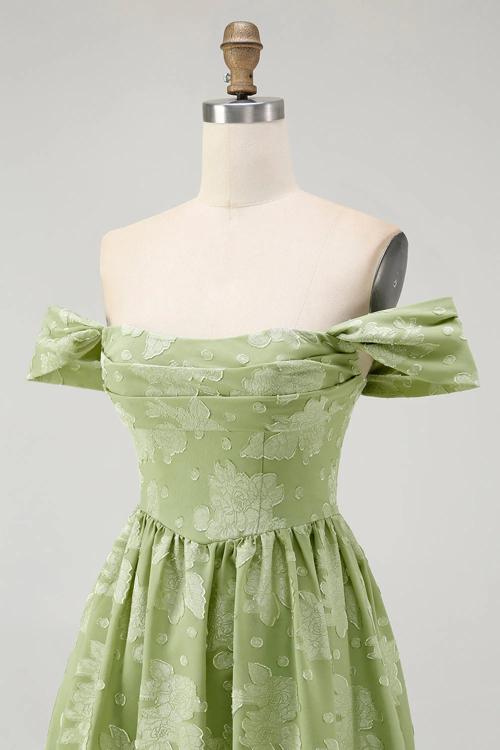 Sage Green Floral A Line Jacquard Off The Shoulder Midi Dress
