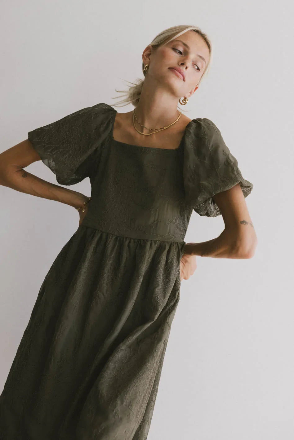 Karrie Embroidered Midi Dress in Olive FINAL SALE