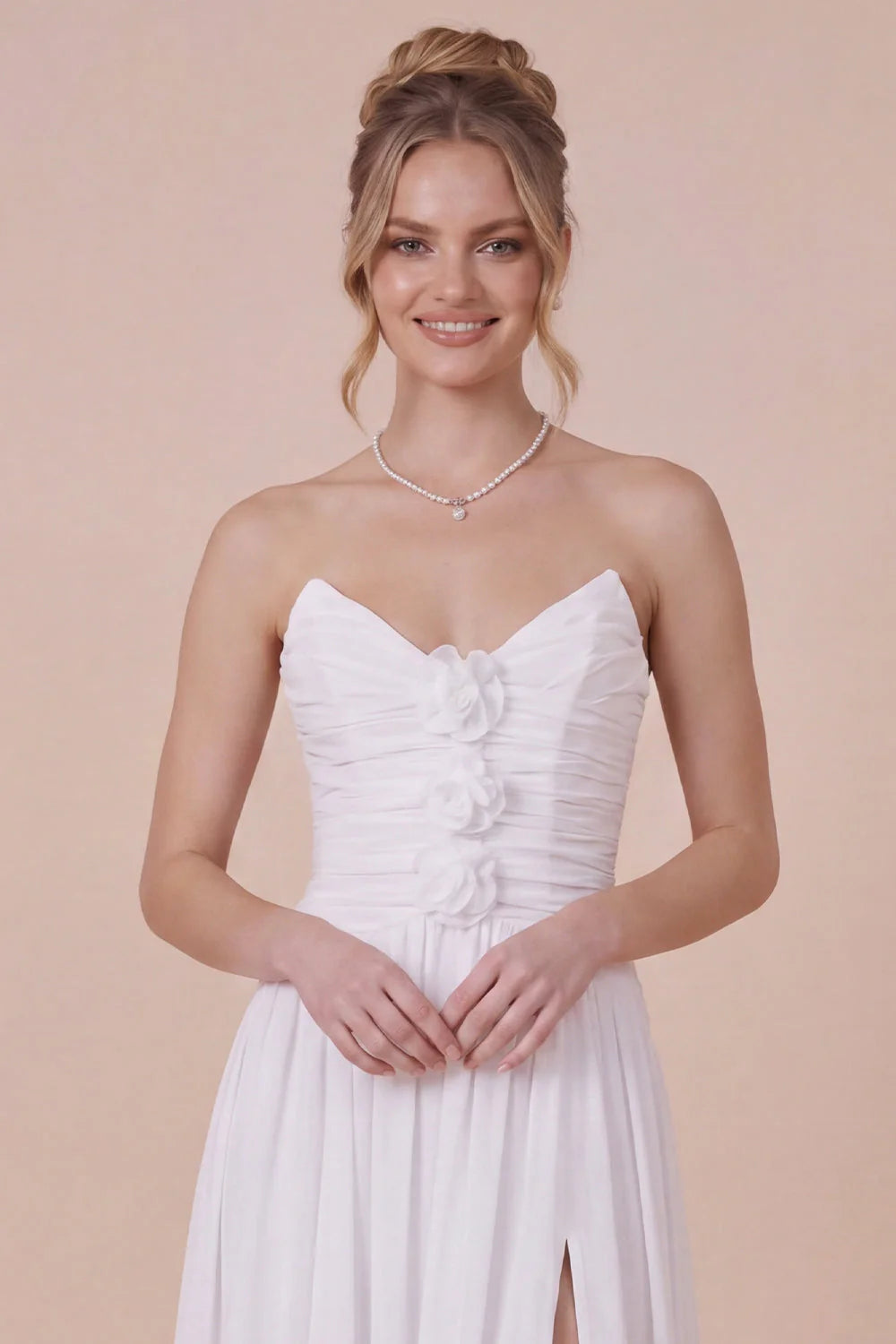 Strapless A Line 3D Flower White Engagement Dress with Slit