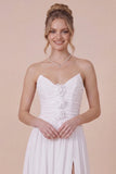 Strapless A Line 3D Flower White Engagement Dress with Slit