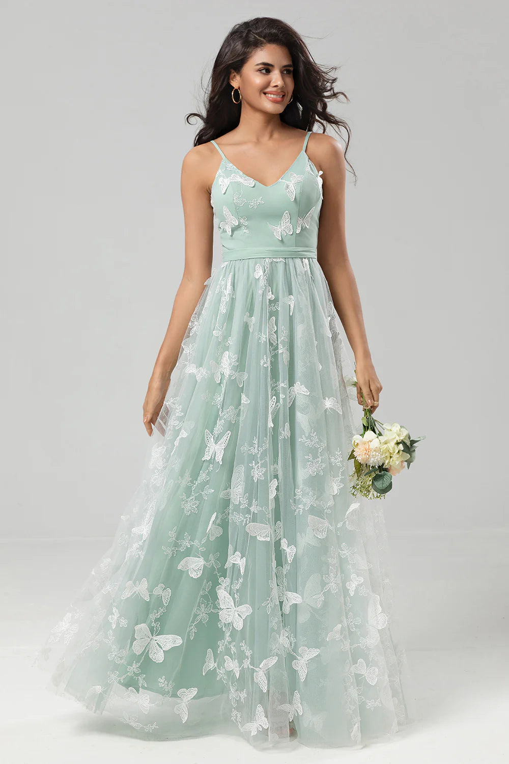 A Line Spaghetti Straps Matcha Long Bridesmaid Dress with 3D Butterfly Embroidery