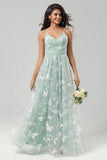 A Line Spaghetti Straps Matcha Long Bridesmaid Dress with 3D Butterfly Embroidery