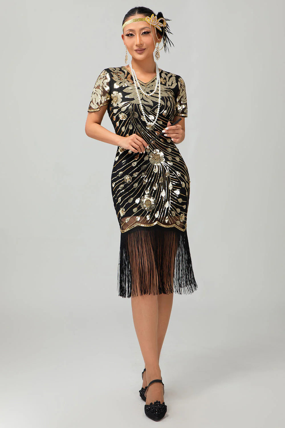 Black Red Fringed 1920s Sequin Flapper Dress