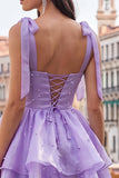 Cute Lilac A Line Pearl Tiered Short Homecoming Dress with Lace Up Back
