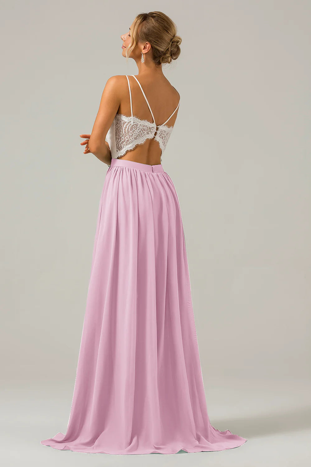 A Line Spaghetti Straps Pleated Long Bridesmaid Dress With Lace