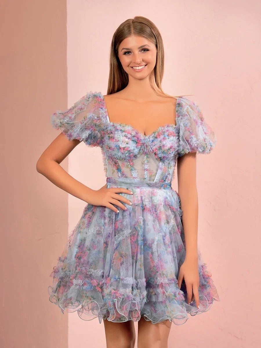 Ivana A Line Off the Shoulder Printed Tulle Short Homecoming Dress
