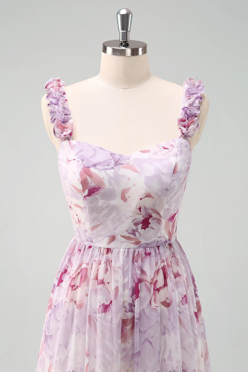 Grey Purple A Line Square Neck Print Floral Bridesmaid Dress with Lace Up Back
