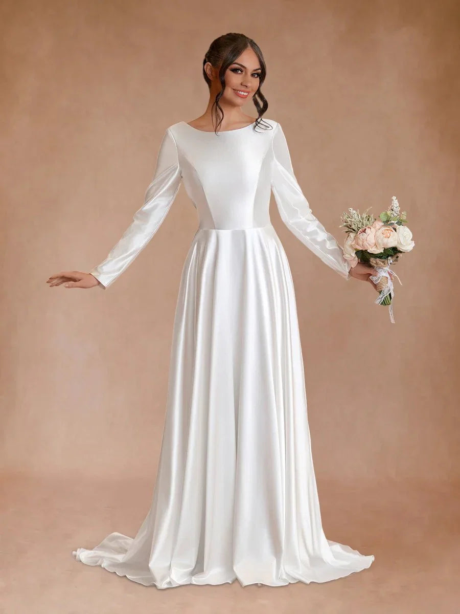 Vintage Satin A Line Bateau Neckline Long Sleeves Bridal Gown Wedding Dresses