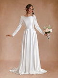 Vintage Satin A Line Bateau Neckline Long Sleeves Bridal Gown Wedding Dresses