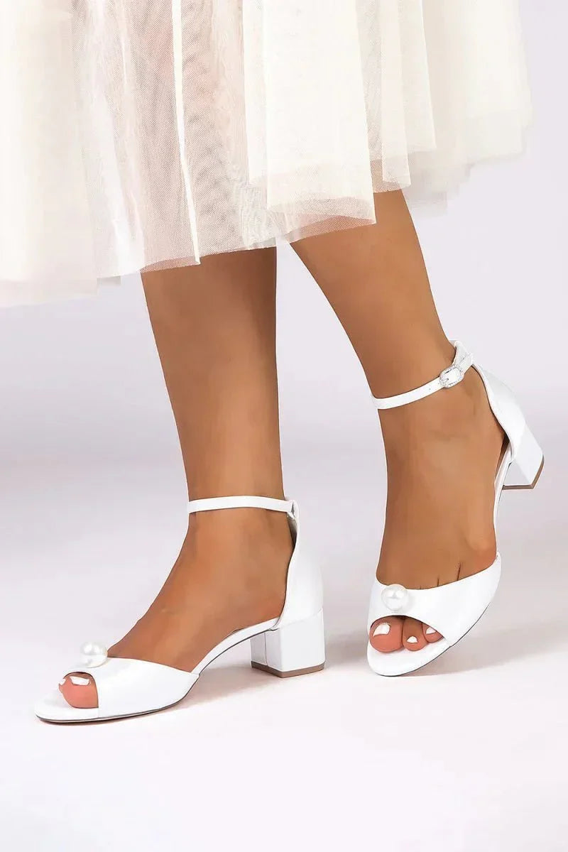 Satin Low Heel Sandals with Pearl Accent and Ankle Strap