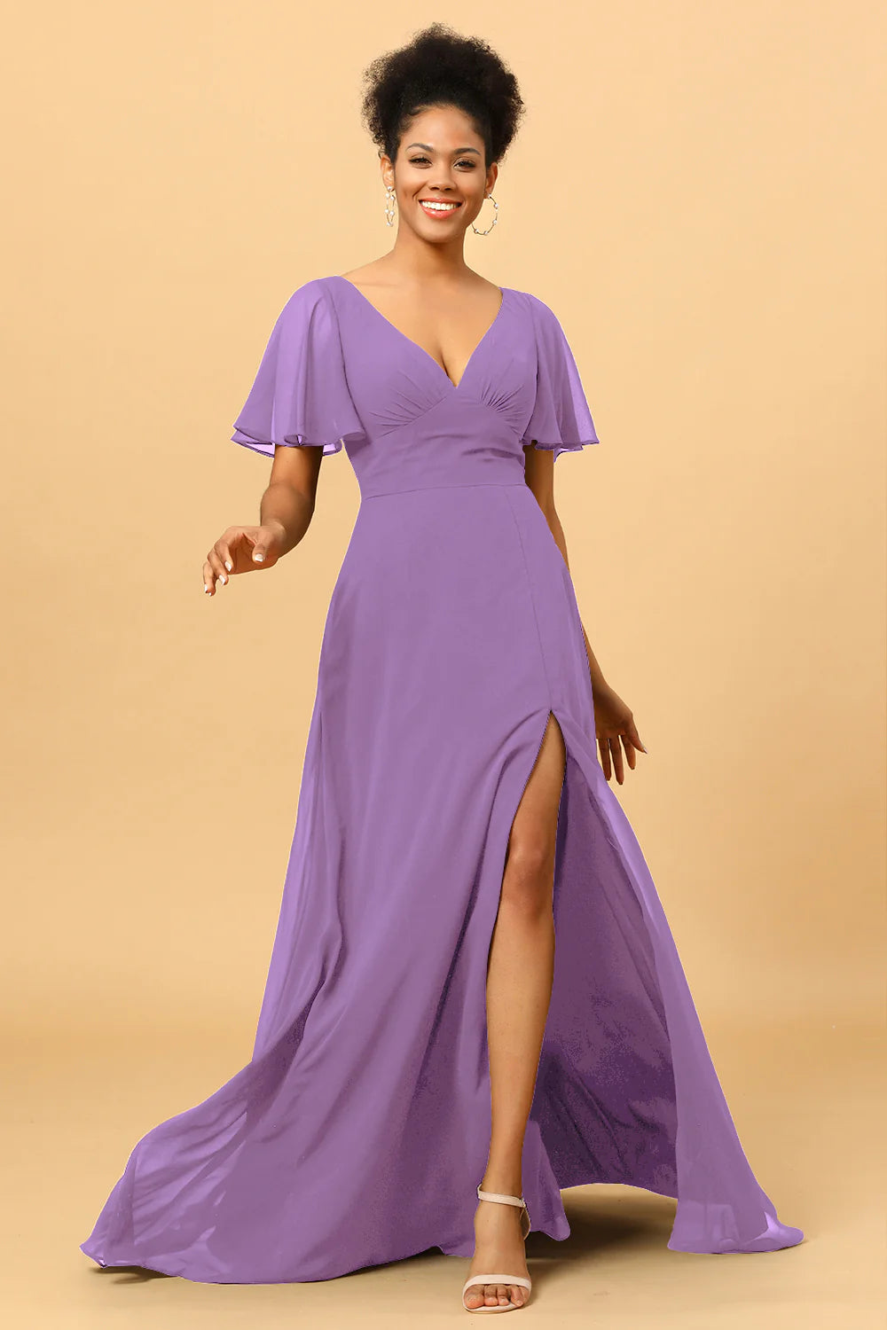 A Line V Neck Long Chiffon Bridesmaid Dress with Slit