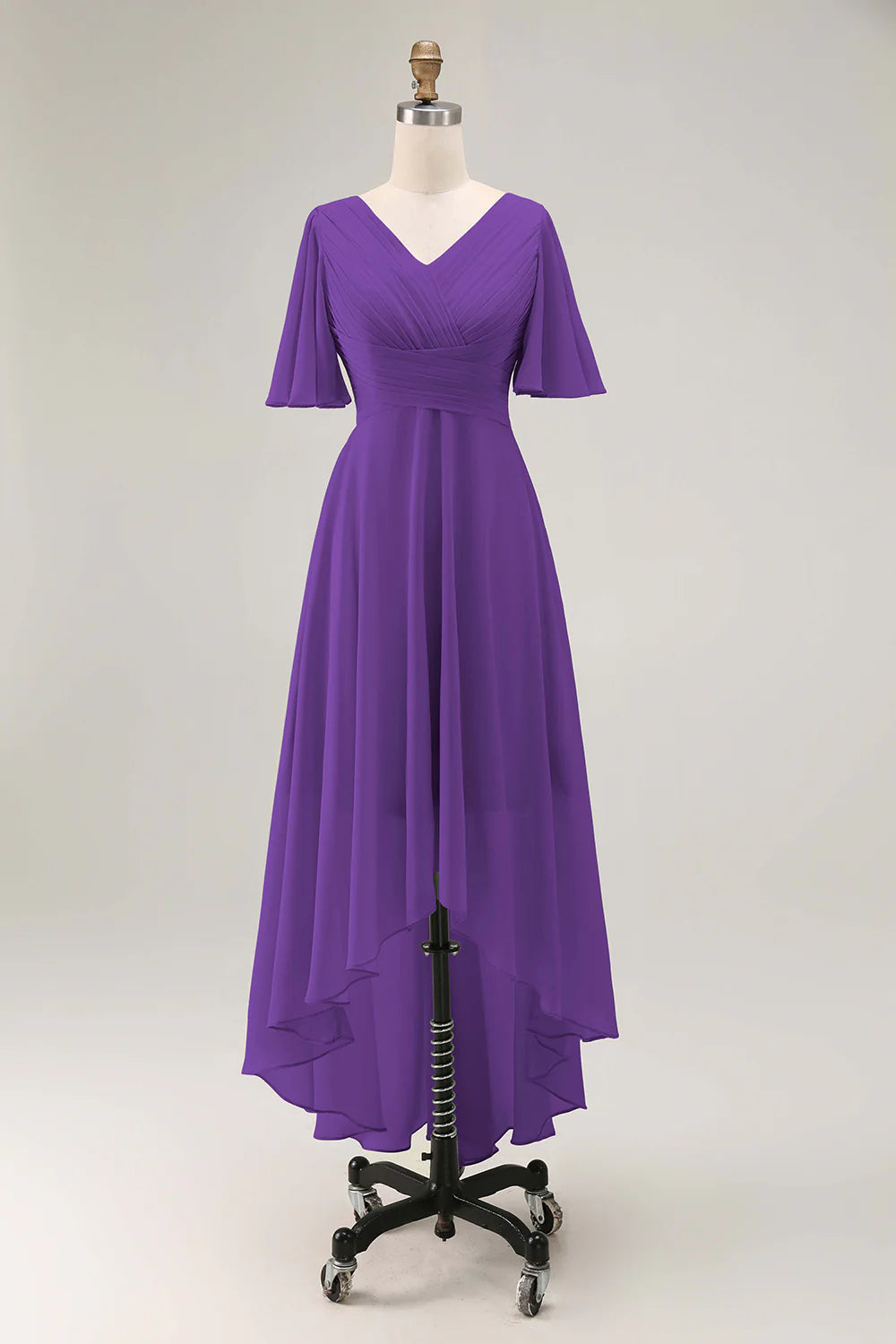 Sage Green A Line Chiffon Pleated High Low Bridesmaid Dress with Short Sleeves