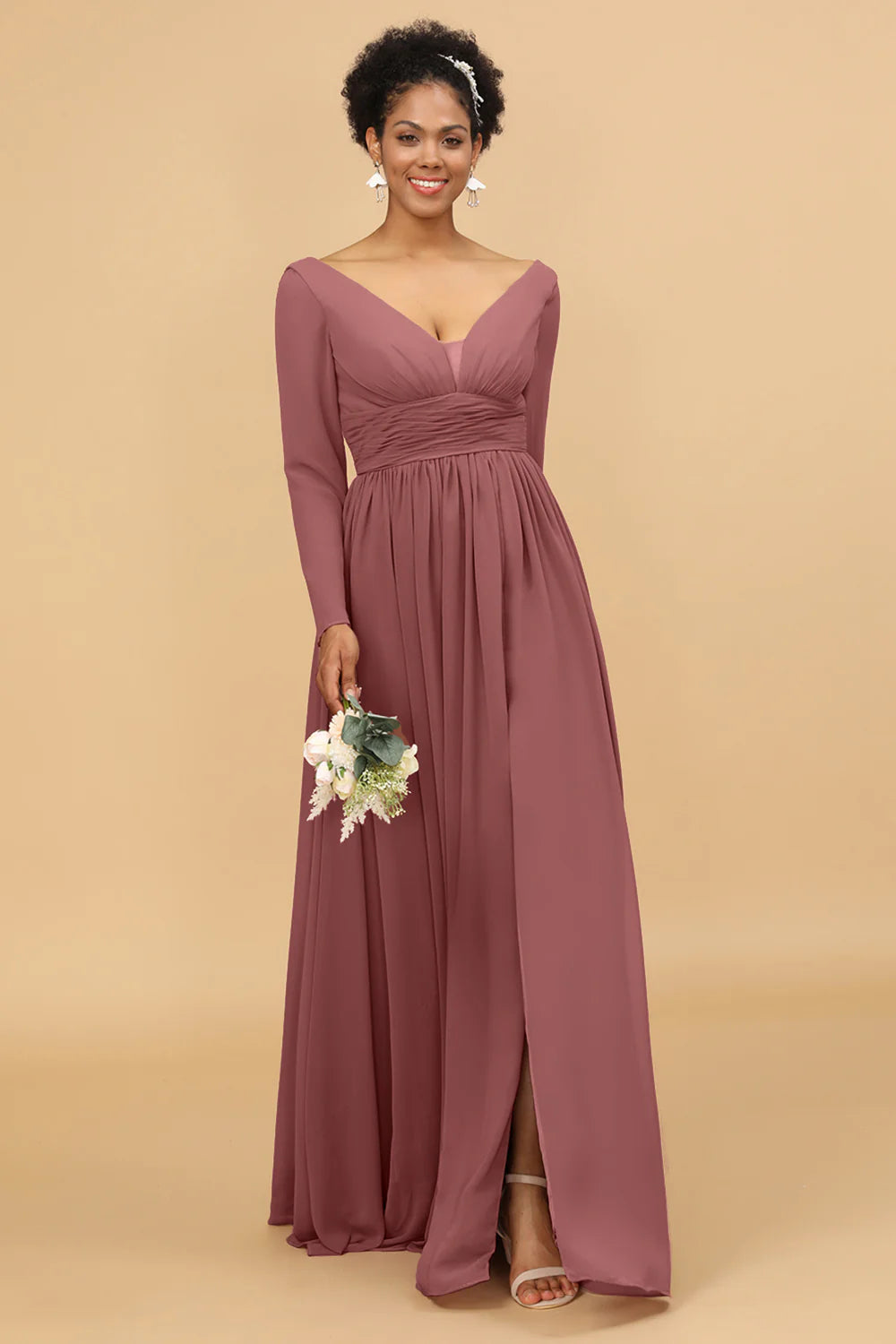 A Line V Neck Long Sleeves Chiffon Bridesmaid Dress with Slit