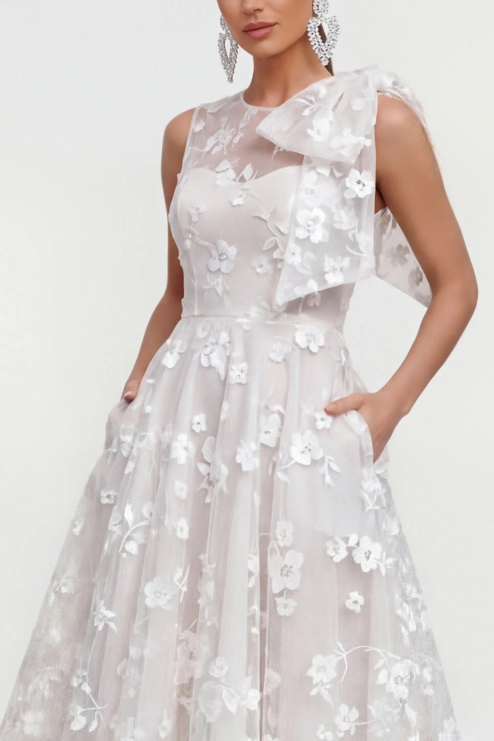 Floral Apricot A Line Bowed Midi Wedding Guest Dress