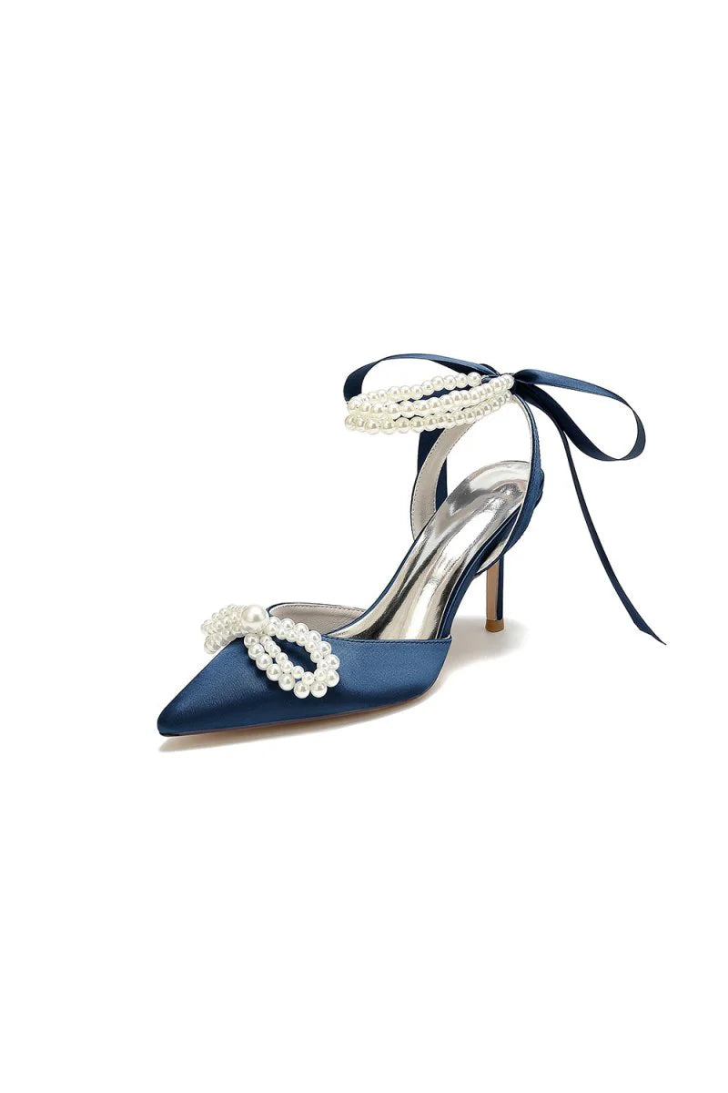 Pointed Toe Pearl Strap with Ribbon Tie