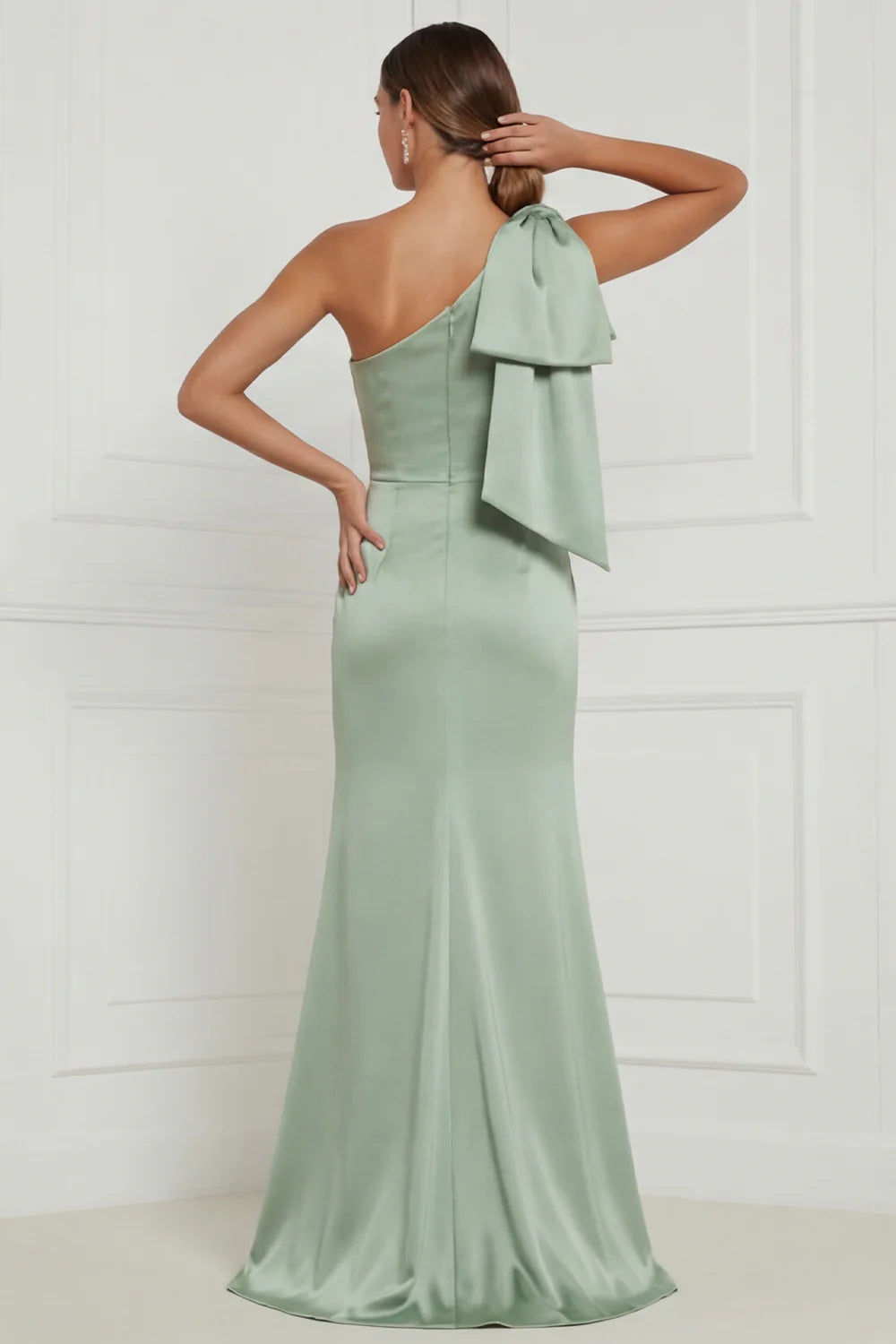Sage Green One Shoulder Mermaid Satin Long Bridesmaid Dress with Bow
