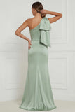 Sage Green One Shoulder Mermaid Satin Long Bridesmaid Dress with Bow