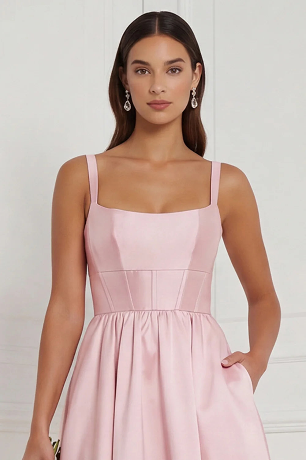 Lilac A Line Corset Satin Square Neck Long Bridesmaid Dress
