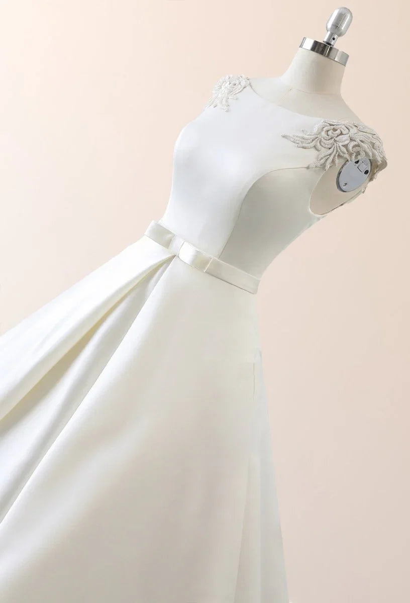 White Satin Cap Sleeve Lace Up Wedding Dress With Pearls