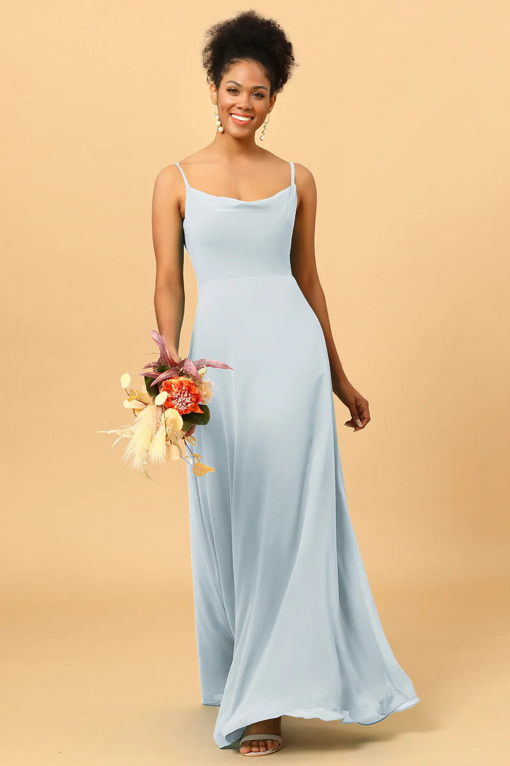 Sheath Spaghetti Straps Long Chiffon Bridesmaid Dress